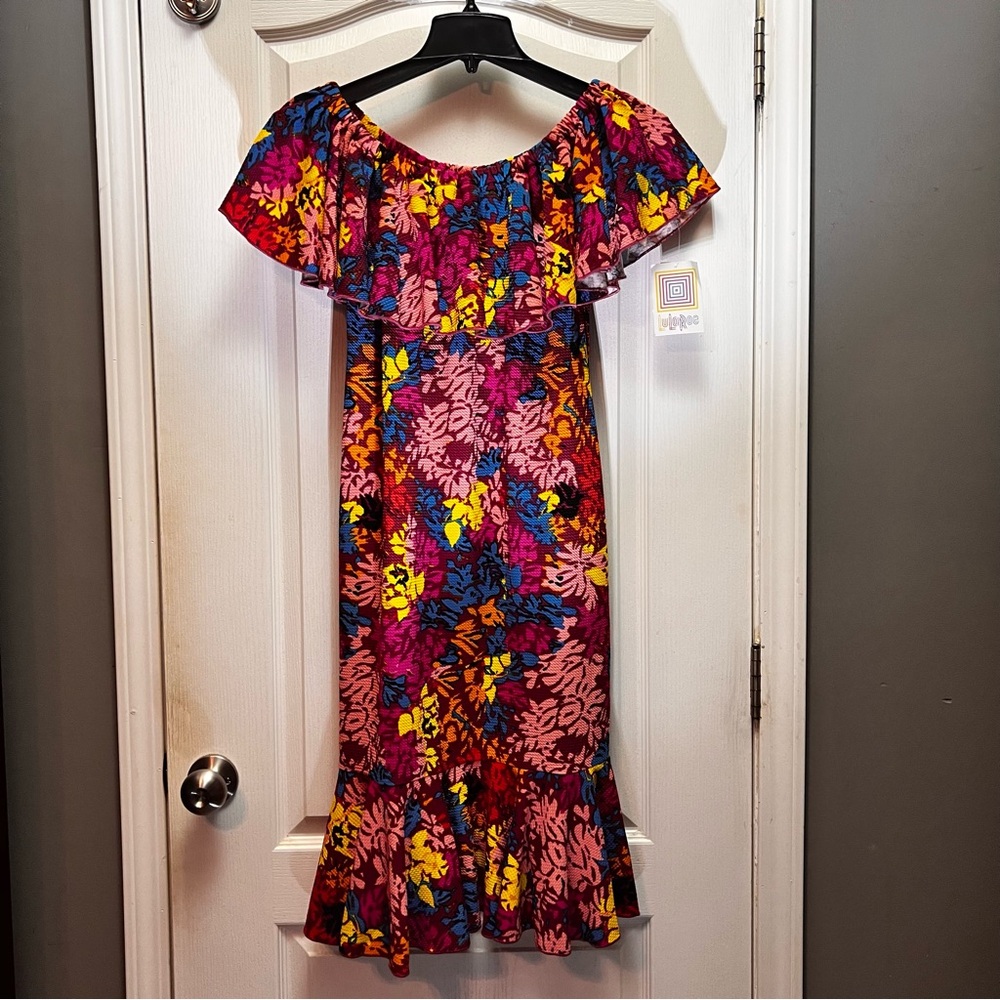 LuLaRoe Large Pink Floral Off Shoulder Cici Ruffled Stretchy Knee Length  Dress